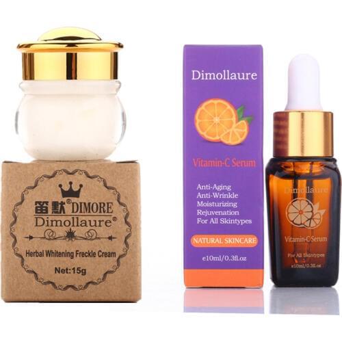 Dimollaure herbal whitening cream +Vitamin C serum Remove Freckle melasma speckle sunburn pigment Melanin Acne Spots face cream