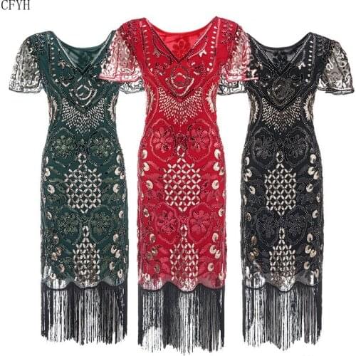 Vintage 1920s Great Gatsby Sequin Fringed Dress Beaded Sequin Fringe Party Midi Dress Sexy V-neck Upscale Banquet Flapper Dress