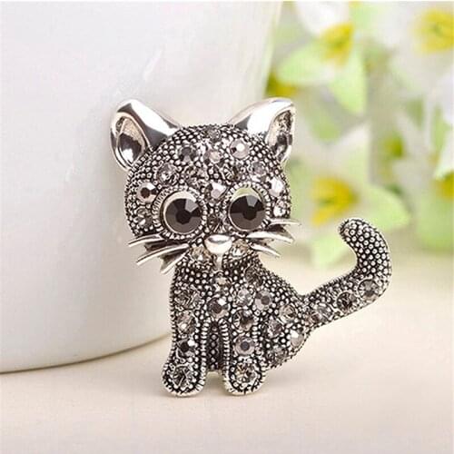 Women Black Cute Cat Brooches Vintage Rhinestone Brooch Pins Badge Childrens Gifts Hijab Pins Jewelry Accessories