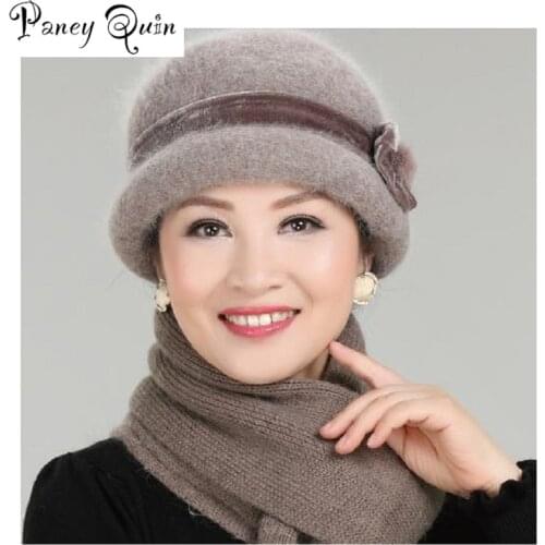 Women Winter BUCKET Hat Sets Floral Skullies Wool Mixed Rabbit Fur Warm Outdoor Knitted Beanies HATS Cap gifts for wife