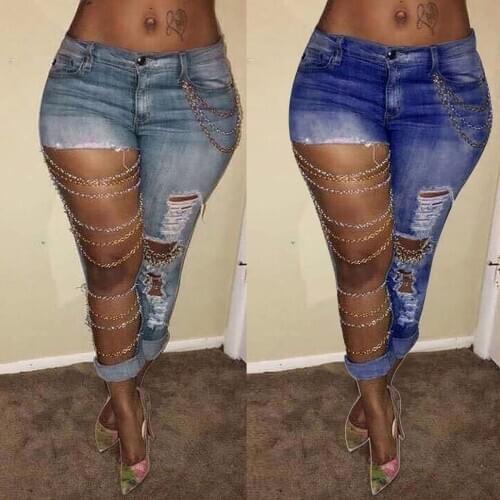 Women Solid Slim Denim Pants Ripped Hole Long Jeans Denim Sexy Regular Pants Plus Size Jean Women Trousers Pants #T2G