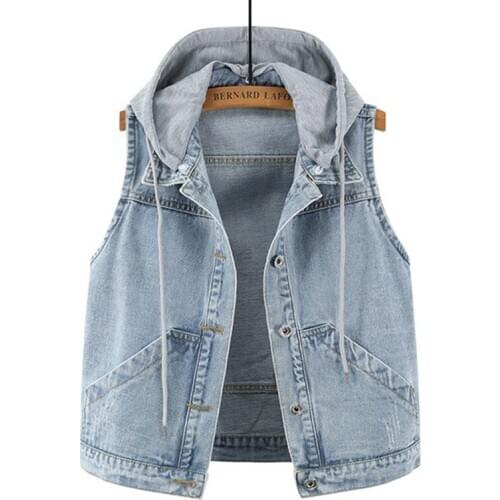 4XL 5XLPlus Size Women Denim Vest Hood 2020 Summer Slim Jeans Gilet Femme Streetwear Sleeveless Short Jackets Jean Waistcoat