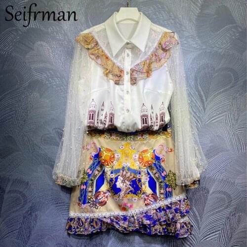 Seifrmann New 2021 Summer Women Runway Designer Skirt Set Lantern Sleeve Gorgeous Beading Loose Tops+High Waist Print Skirts