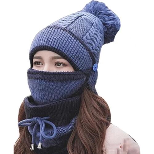 80% HOT SALES！！！3Pcs Fleece Inside Knitted Hat Warm Plush Bouncy Winter Spring Face Cover Hat Scarf Set