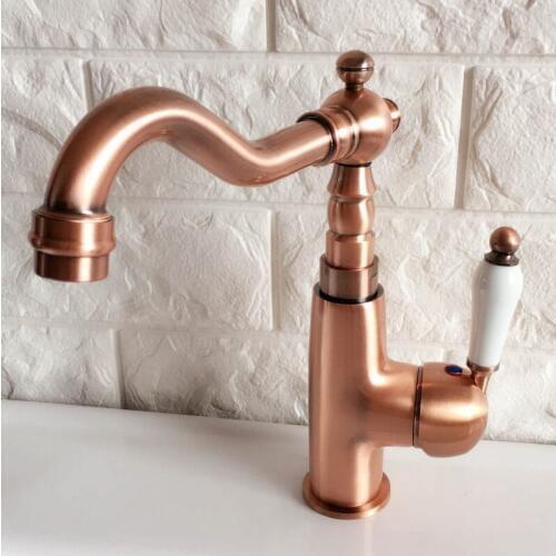 Antique Red Copper Brass Bathroom Kitchen Basin Sink Faucet Mixer Tap Swivel Spout Single Handle One Hole Deck Mounted mnf409