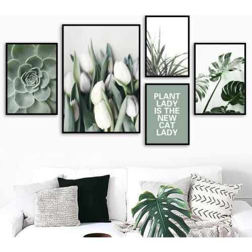 White Tulip Green Orchid Aloe Monstera Succulent Plant Canvas Painting Nordic Posters Wall Art Pictures For Living Room Decor