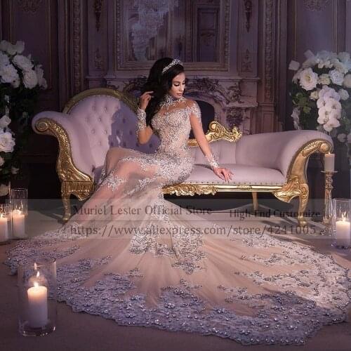 Elegant High Neck Lace Appliques Rhinestone Crystal Beads Bridal Gown Mermaid Long Sleeves Bohemian Illusion Tulle Wedding Dress