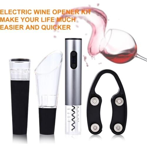 4pcs/lot Electric Wine Opener Stainless Steel Cordless Corkscrew with Foil Cutter Vacuum Stopper Easily Pouring Wine Set XJ