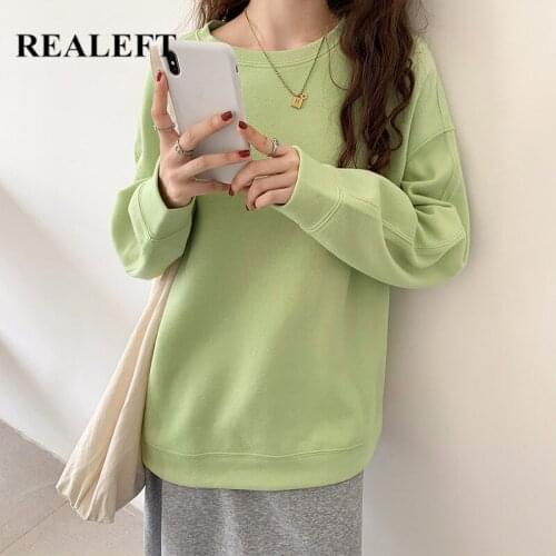 REALEFT Autumn Winter Fleece Womens Sweatshirts 2021 New Long Sleeve O-Neck Casual Loose Minimalism Pullovers Outwear Female