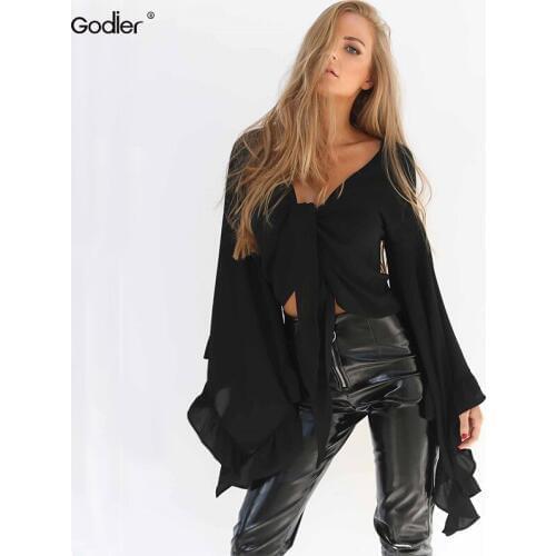 Godier 2020 New sexy women Summer big flare sleeve blouse with bow tie front top lolita short Crop chiffon Shirt Blusa Tops