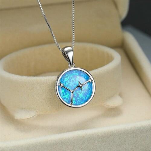 Dainty Female Blue Opal Pendant Necklace Trendy Round Chain Necklaces For Women Twelve Constellations Wedding Necklace