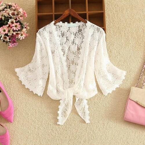 Korean Chic Summer Blouse V-neck Chiffon Lace Sunscreen Cardigan Short Coat Cape Clothes Air Conditioning Shirt Shawl Girl 15857