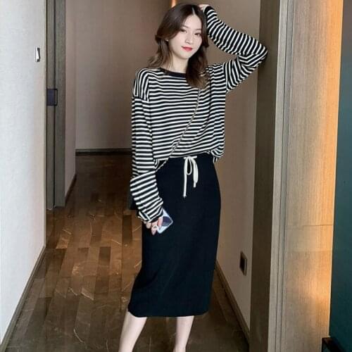 Summer Autumn Casual Women 2pcs Trend Stripe Long Sleeve Knitted Shirt+Package Hip Plain Midi Skirt Blouse And Skirt Set