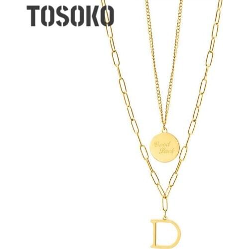 TOSOKO Stainless Steel Jewelry Double Layer Good Lucky Letter Necklace Womens Fashion Double Clavicle Chain BSP625