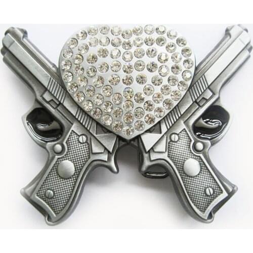 Wholesale Retail Vintage Rhinestones Double Gun Heart Belt Buckle BUCKLE-GU015 Brand New In Stock Free Shipping