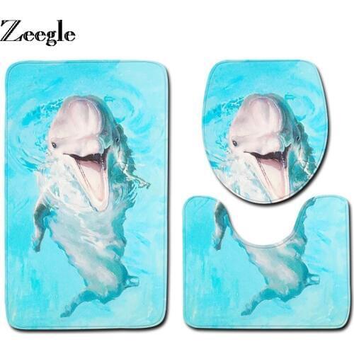 Zeegle Dolphin Pattern Bathroom Bath Mat Non-Slip Floor Mat Water Absorption Carpet Toilet Seat Cover Set Toilet Area Rug