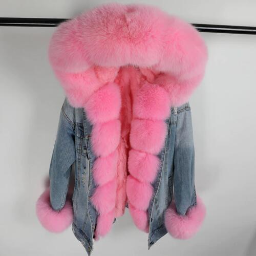 2019 Denim Parka Real Fur Coat Winter Jacket Women Natural Fox Fur Collar Rex Rabbit Fur Liner Loose Outerwear Vintage Fashion