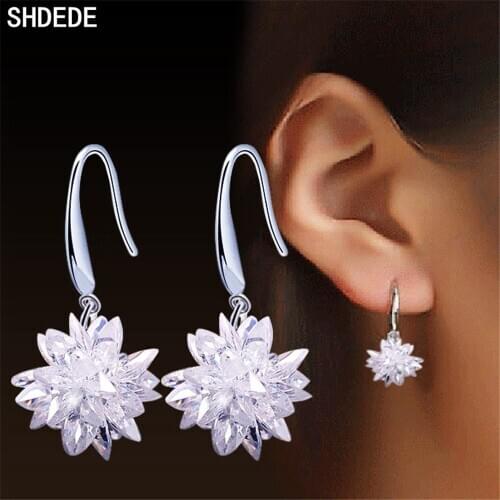 SHDEDE Fashion Ice Flower CZ Crystal Ladies Drop Earrings Jewelry 925 Silver Cubic Zirconia Eardrop Female Women Gifs -WH144