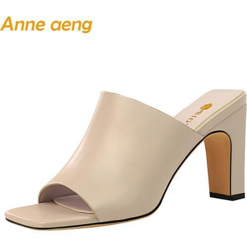 2020 New Summer Outside Women Slippers High Square Heel Peep Toe Solid Fashion Sexy Ladies Women Shoes Gray Female Mules Slides