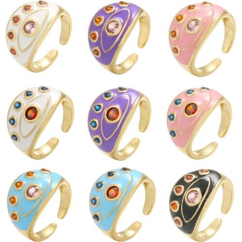 Women Ring Evil Eye Open Cuff Enamel Cubic Zirconia Lady Finger Ring Wedding Engagement Adjustable Gold Color Pink White Purple