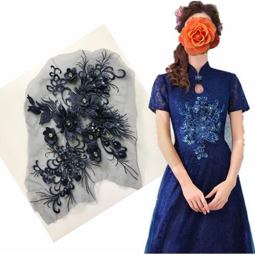 1Pcs Crystal Bead 3D Flowers Diy Patch African Lace Applique Sew On Patches Wedding Dress Decoration Floral Baby Clotes Costume