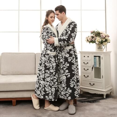 Couples Robe Girls Warm Flannel Women Thickened Long Sleeve Bathrobe Men Coral Fleece Homewear