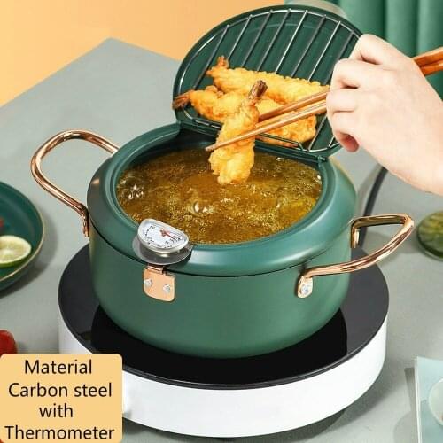 Japanese-style Deep Frying Pot with Thermometer and Lid Carbon Steel Non-stick Cookware Kitchen Tempura Fryer Pan 20/24cm