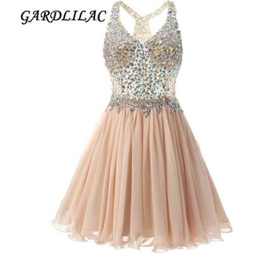 Gardlilac Mini Homecoming Dress Short V-neck Crystal Beaded Tulle Graduation Dresses Above The Knee Beaded Prom Party Gowns2021