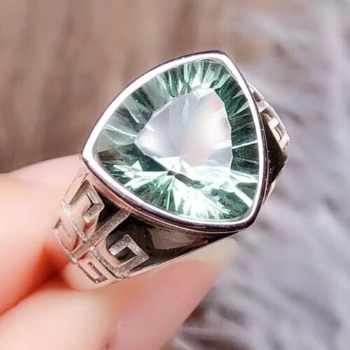 Per jewelry Men ring Green quartz triangle style rings Free shipping 12*12mm 6.5ct gemstone 925 sterling silver R20571