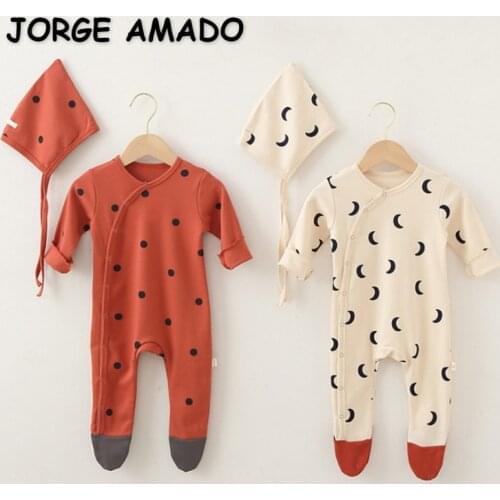 2021 New Autumn Baby Boys Girls Romper Cartoon Moon Cotton Dot Olive Bodysuit with Cap Kids Jumpsuit Newborn Clothes E1404