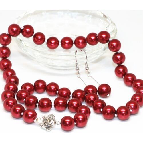 New arrival special design charms 10mm beads dark red imitation pearl shell round necklace earrings jewelry set 18inch B2343