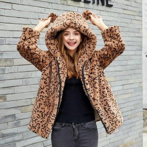 Palenda Women Short Faux Fur Coat Zipper Leopard Thick Warm Protected Female Coat Hooded Short Style Coat