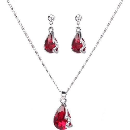 QiLeSen Fine jewelry 925 sterling silver suitable for ladies set, Water drop gem big red Necklace Earring Set YW176