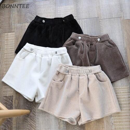 Shorts Women Wool Winter High Waist Korean Style Girls Ladies Casual Soft Button Elastic A-line Warm Trousers Vintage Retro New