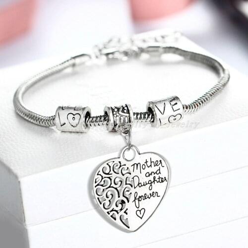 12 Pc/Lot Vintage Hollow Out Jewelry Mother And Daughter Forever Heart Charm Bracelet Family Women Girl Mom Kids Wristband Gift