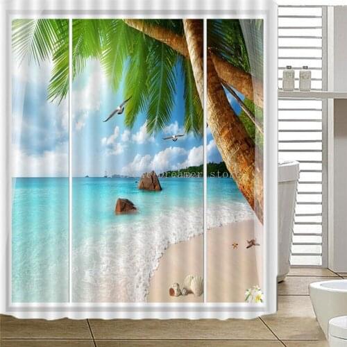3D Seaside Scenery Beach Shower Curtain Home Decor Curtain Moldproof Waterproof Belt Hook Shower Curtain Custom