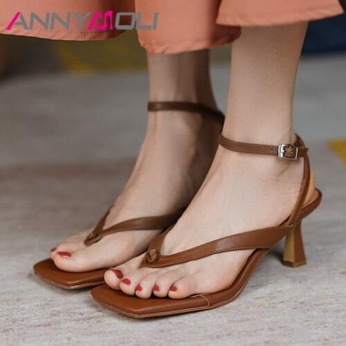 ANNYMOLI Shoes Women Genuine Leather Sandals Ankle Strap High Heel Sandals Flip Flop Stiletto Shoes Square Toe Ladies Footwear