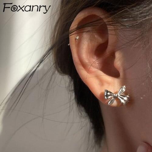 FOXANRY Prevent Allergy 925 Sterling Silver Stud Earrings for Women New Fashion Vintage Sweet Irregular Bowknot Party Jewelry