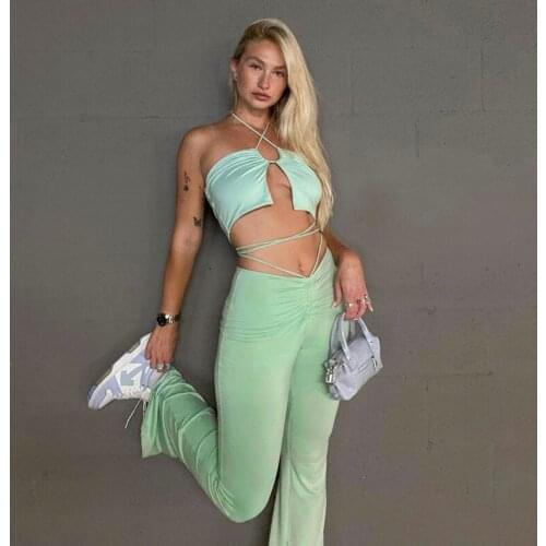 Summer Solid 2 Two Piece Sets Sexy Hollow Out Backless Halter Crop Top Long Flared Pants Ladies Trouser Clubwear Streetwear Suit
