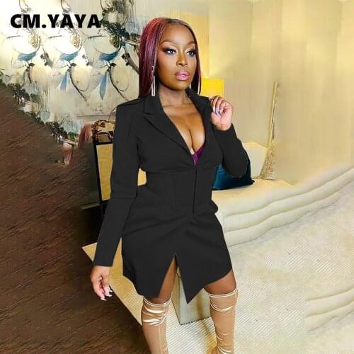 CM.YAYA Women Blazers Solid Full Sleeve Notched Collar Slim Long Coats Office Lady Fashion Streetwear Autumn Clothing 2021
