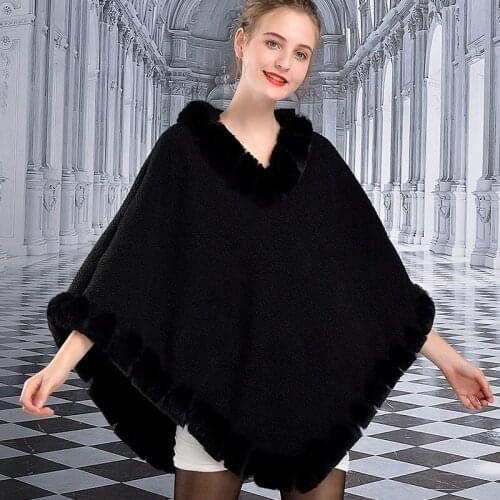 2020 Winter Faux Rex Rabbit Poncho Cape Fur Loose Pullover Women Long Triangle Plus Size Solid Sweater Tufted Fur Neck Shawl