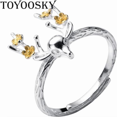 100% 925 Sterling Silver Gold Color Sika Deer Open Finger Rings For Women Original Design Lady Fashion Contracted Jewelry