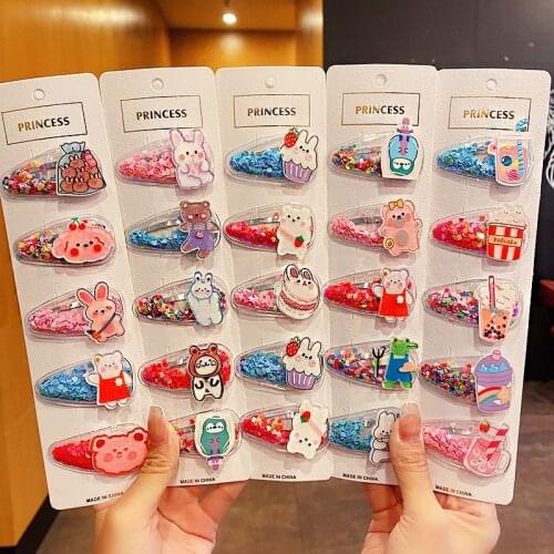 5pcs/set Girls Cute Cartoon Acrylic Quicksand Hairpins Children Lovely Hair Decorate Barrette Hair Clip Fashion Hair Accessories