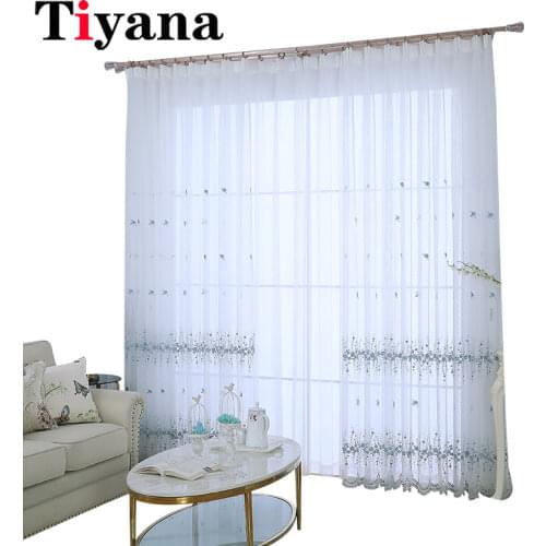 White Korean Embroidered Tulle Curtains for Living Room Blue Sheer Curtains For Bedroom Window Drapes ZH402Y