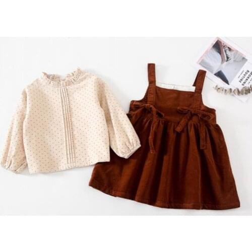 DFXD High Quality Princess Toddler Girls Clothes Set Long Sleeve Dot Plus Velvet Bottoming Shirt+Thick Corduroy Strap Skirt 2PC
