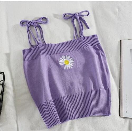 HELIAR Women Knitted Crop Tops With Flower Female Spaghetti Straps Ribbed Tops Women Harajuku Cute Tops For Women 2021 Summer
