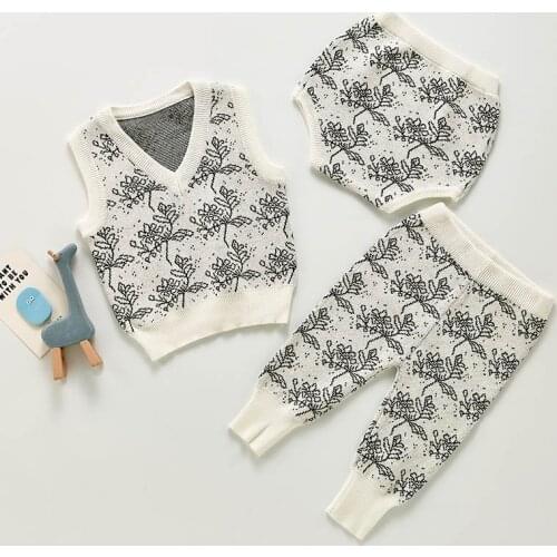 Korean Style Autumn Winter Infant Baby Girls Printing Knitted Clothes Suit Vest+Shorts+Pants Toddler Baby Girls Clothing Set