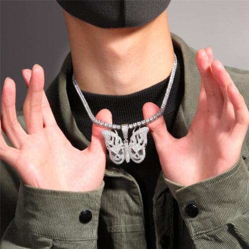 Men Hip Hop Iced Out Flame Butterfly Pendant With Tennis Chain Punk Fire Skull Butterfly Charms Necklace Fashion Jewelry