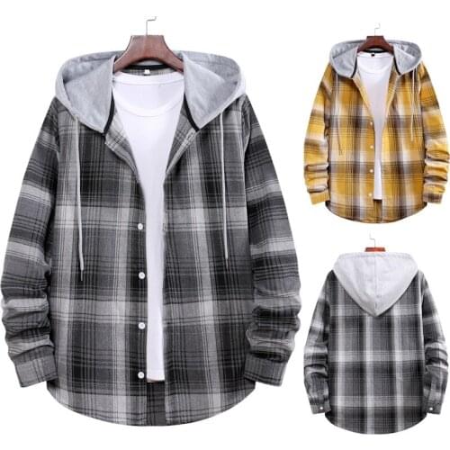 Mens Plaid Shirt Korean Casual Couple Hooded Shirt mens shirts longsleeve shirt for men