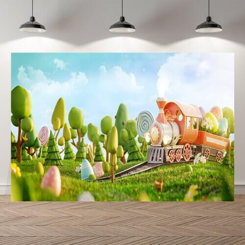 NeoBack Amazing Fairy Train House Decorated Spring Easter On The Meadow Photo Backdrops Photography Background Photocall Banner